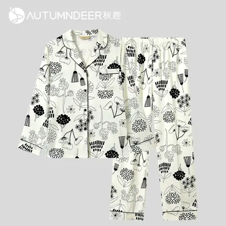 秋鹿印花睡衣女士春夏柔软透气长袖长裤家居服套装翻领新中式国风图片