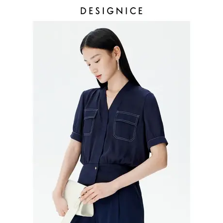 迪赛尼斯夏季新款时尚通勤复古设计感V领小衫雪纺衫女商品大图