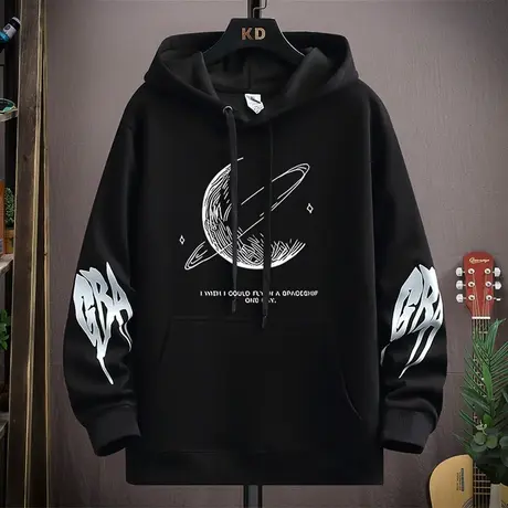 连帽卫衣男春秋款黑色百搭外套男休闲宽松港风上衣潮牌印花套头衫商品大图