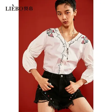 裂帛新中式复古设计感重工刺绣V领显瘦百搭九分袖纽结白色衬衫女图片