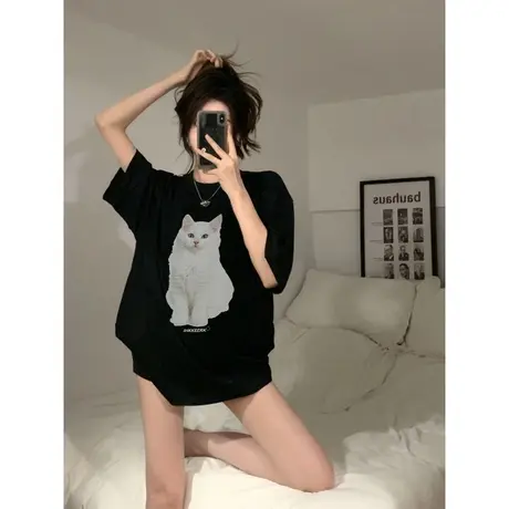 纯棉黑色短袖t恤女ins潮夏季宽松oversize美式复古设计感小众上衣商品大图