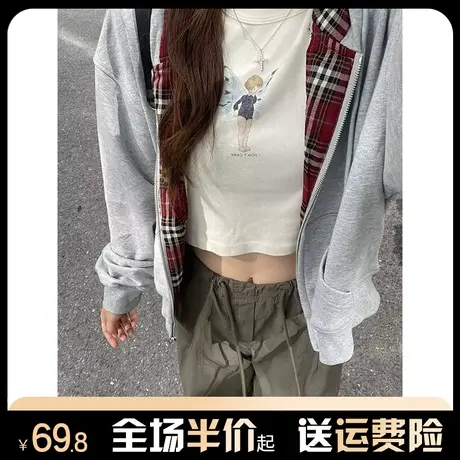 灰色连帽开衫卫衣女秋冬季加绒加厚设计感宽松慵懒风拉链短款外套图片