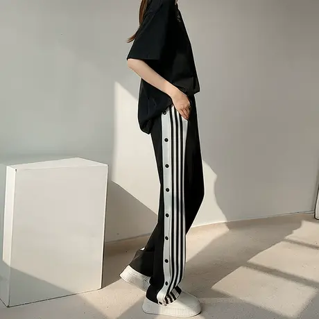 美式开叉排扣阔腿裤女春夏新款高腰显瘦小个子宽松垂感休闲运动裤商品大图