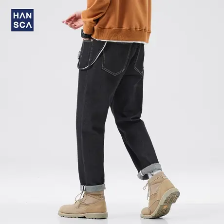 hansca黑色牛仔裤男士秋冬季美式高街直筒宽松休闲大码水洗长裤子商品大图