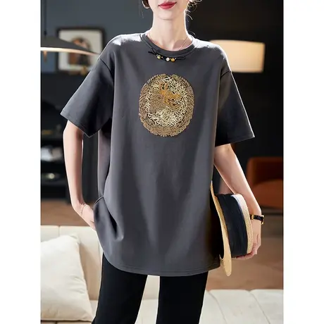宝诗黎圆领亮片国风刺绣龙短袖T恤2024春季新款百搭盘扣棉质上衣商品大图