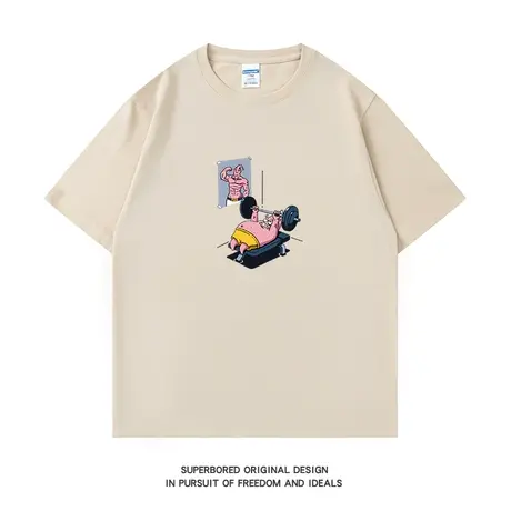 美式休闲卡通趣味举重健身短袖t恤男夏季纯棉宽松半袖上衣体恤衫图片