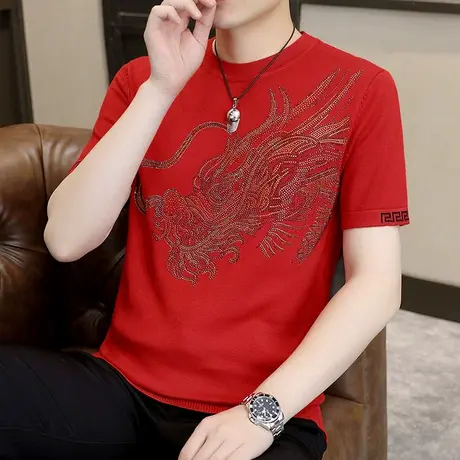 本命年大红色针织短袖t恤男士春秋季高端烫钻龙年潮牌毛衣打底衫商品大图