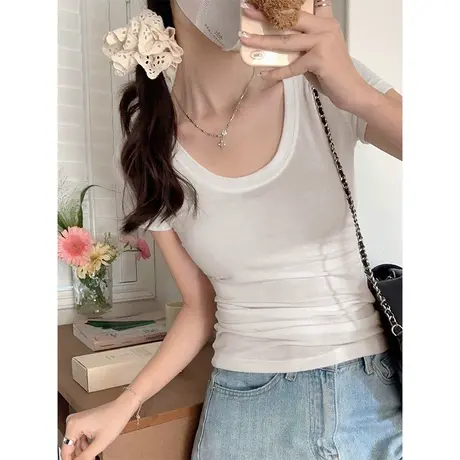 U领短袖t恤女2024春夏新款设计感小众修身打底内搭独特别致小上衣图片