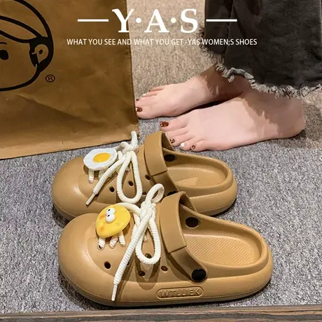 网红爆款系带时尚洞洞鞋女夏2024新款沙滩鞋防滑软底舒适百搭凉拖商品大图