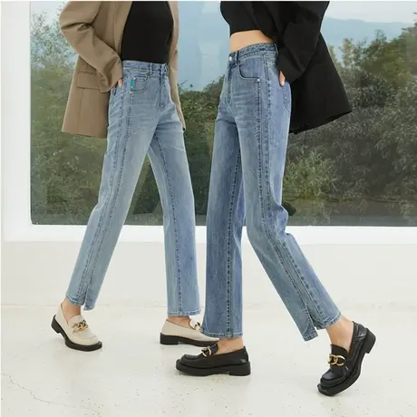 逸阳分割开叉直筒牛仔裤女2023年秋季新款修身显瘦烟管裤女8190商品大图