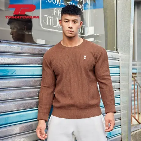 TOMATOPAPA新款刺绣毛衣长袖圆领基础简约男子针织套头衫打底上衣图片