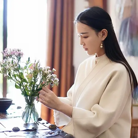 素飞汉服改良款毛呢外套女冬季新品复古长款交领系带禅意茶艺师服商品大图