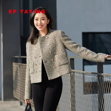 EP YAYING雅莹女装 粗花呢圆领短款毛呢外套 2023秋冬新款1222A图片