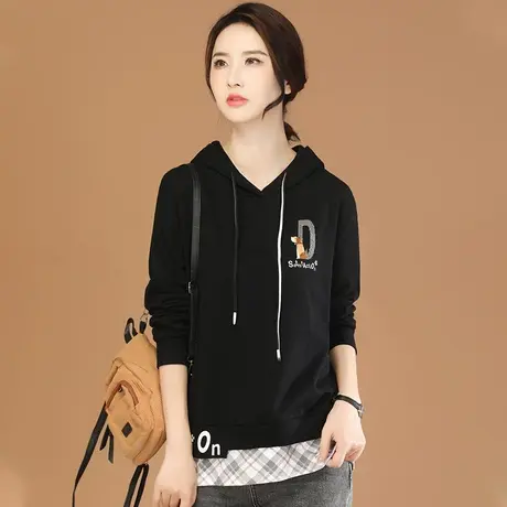 韩潮袭人黑色中长款连帽套头卫衣女2023秋季新款宽松休闲长袖上衣商品大图