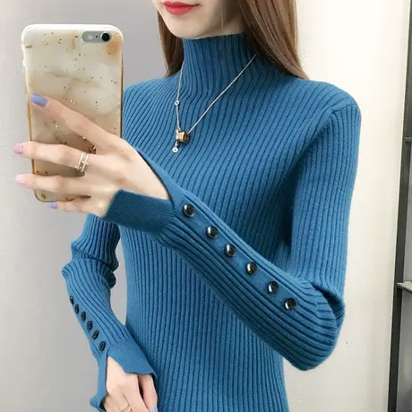 打底衫女内搭秋装女2023年新款修身纽扣开叉上衣半高领女士毛衣商品大图