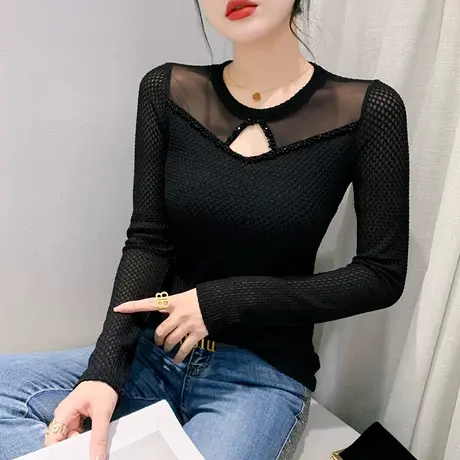 性感网纱长袖T恤女士秋2023新款圆领修身打底衫心机镂空钉珠上衣商品大图