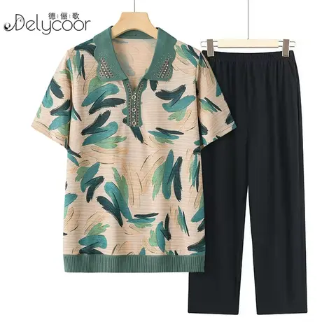 妈妈装2023夏装新款中老年女装洋气时尚套装奶奶短袖T恤针织衣服商品大图