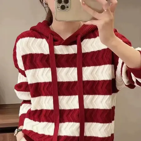 秋装2023年新款连帽条纹慵懒风毛衣宽松外套软糯高级感红色上衣女商品大图