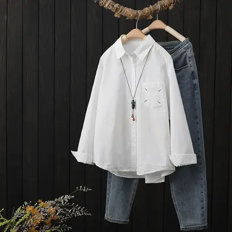 纯棉白衬衫女长袖春季2023新款文艺简约翻领衬衣宽松休闲打底上衣商品大图