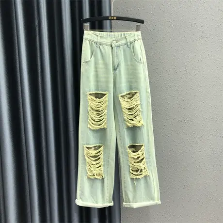 美式复古高腰休闲破洞牛仔裤女2023夏季新款阔腿显瘦韩版直筒裤潮图片