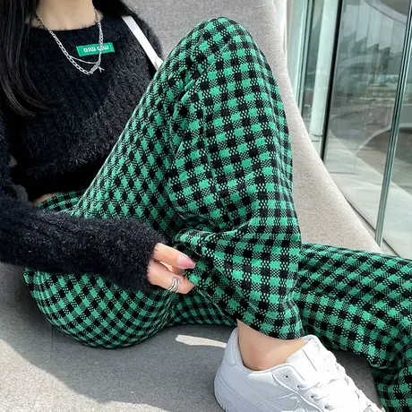 绿色格子阔腿裤女2023年春秋新款高腰直筒宽松显瘦百搭休闲拖地裤商品大图