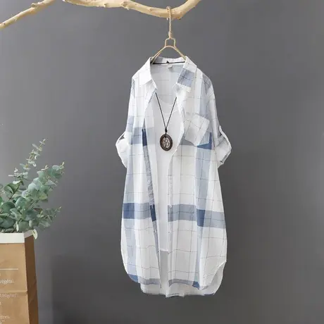 文艺范休闲格子防晒衬衫女宽松中长款2023新款防晒衣衬衣薄外套女商品大图