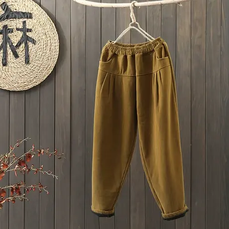 枫谜2021年冬季新款文艺复古全棉加绒休闲裤女宽松加厚保暖哈伦裤图片