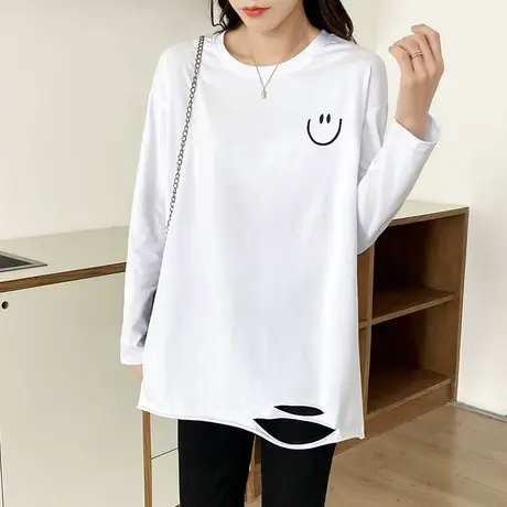 笑脸大白T长袖宽松设计感上衣2022年早春中长款下摆破洞叠穿内搭图片