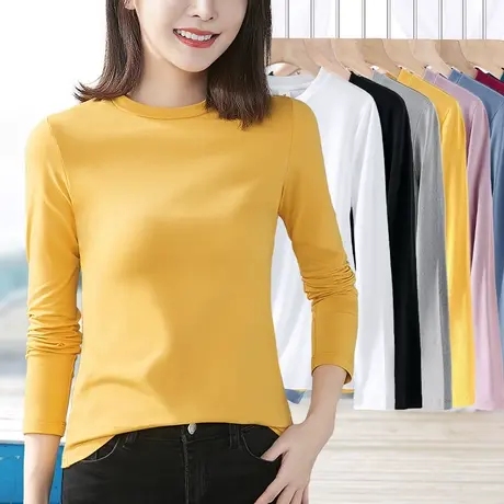 姜黄色长袖t恤女2023春秋新款修身显瘦内搭上衣纯棉半高领打底衫图片