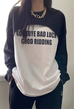 韩国东大门2021早秋新款洋气字母印花假两件宽松长袖t恤女上衣潮图片