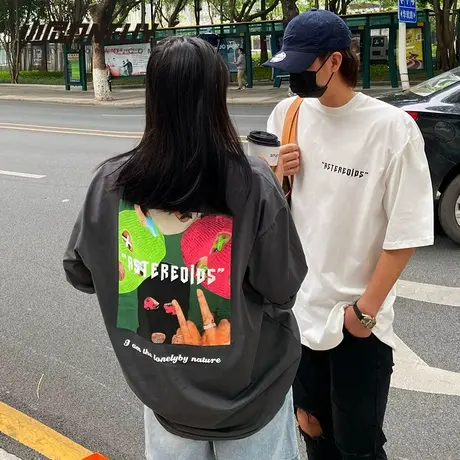 潮酷半袖夏季宽松T恤男女韩版可盐可甜大码短袖纯棉情侣嘻哈上衣商品大图