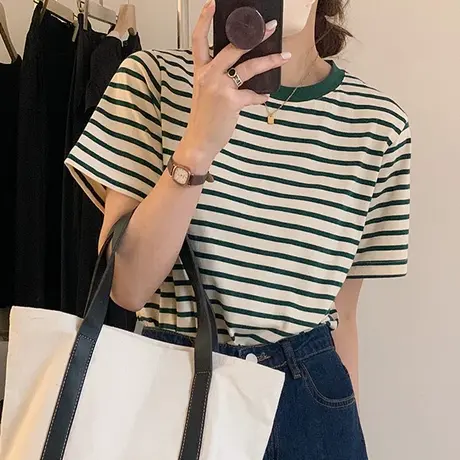oversize美式复古条纹短袖t恤女夏大码宽松嘻哈潮ins酷慵懒风上衣商品大图