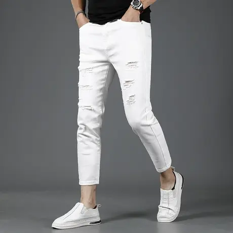 白色破洞九分牛仔裤男修身小脚2023新款夏季薄款弹力男士裤子9分商品大图
