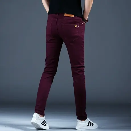 个性酒红暗红色弹力休闲牛仔裤男款修身小脚秋季高端潮牌商务男裤商品大图
