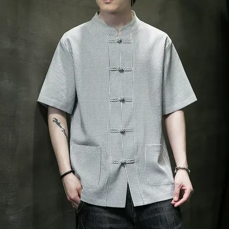 新中式唐装男中国风男装亚麻衬衫外套夏季盘扣衬衣棉麻短袖上衣服商品大图