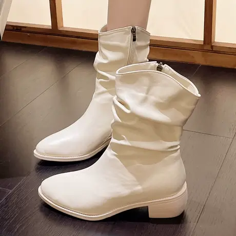 尖头马丁靴女2023夏季新款中筒帅气ins潮牛仔靴后拉链粗跟短靴子商品大图