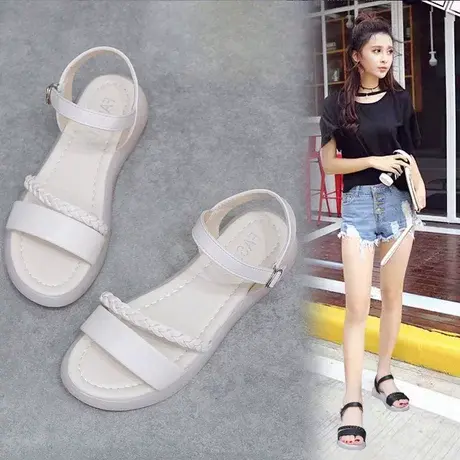 凉鞋女夏2023年新款百搭时装中跟平底一字扣带仙女风配裙子的女鞋商品大图