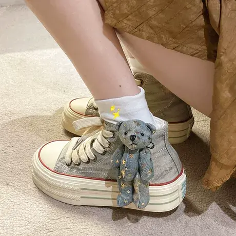 高帮厚底帆布鞋女2023新款夏秋时尚超火透气休闲板鞋配裙子小白鞋商品大图