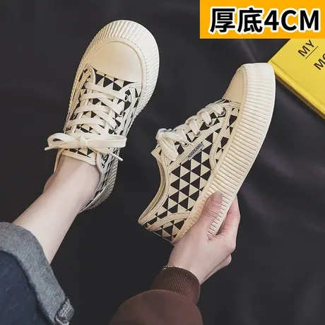 厚底帆布鞋女鞋2023新款春秋季格子大头饼干鞋爆款松糕百搭板鞋子商品大图