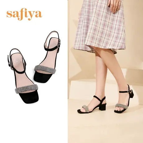 Safiya/索菲娅凉鞋女新款时尚简约百搭一字带方跟粗跟凉鞋图片