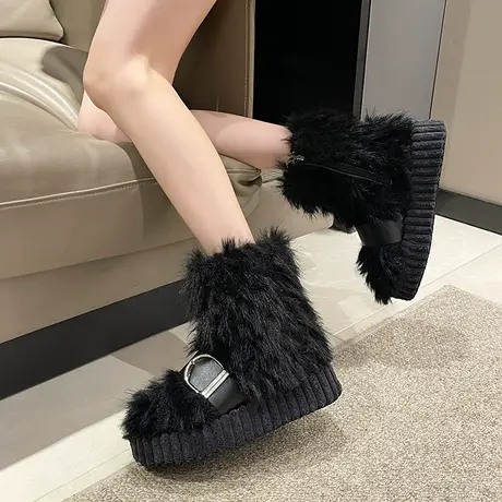 厚底毛毛雪地靴女冬加绒加厚2023新款设计保暖短靴防滑东北大棉鞋图片