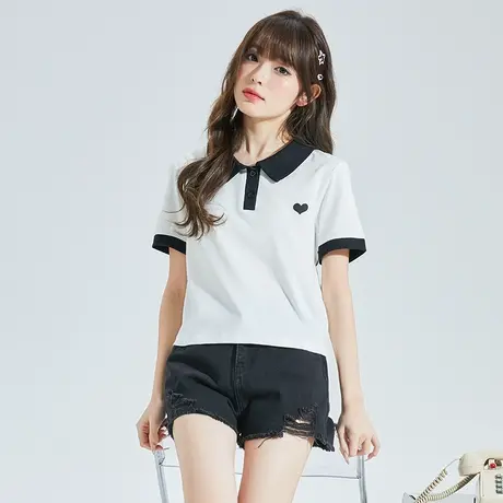 唐狮夏短袖T恤polo衫女拼接撞色宽松甜美淑女潮流学生上衣Polo领商品大图