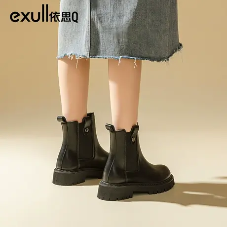 依思q厚底切尔西靴2023新款靴子女秋冬女鞋烟筒靴加绒马丁靴短靴图片