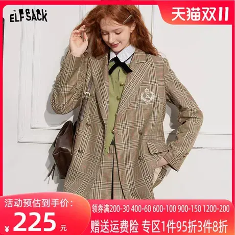 妖精的口袋格纹休闲西装外套女2023秋季新款复古学院风小西服外套图片
