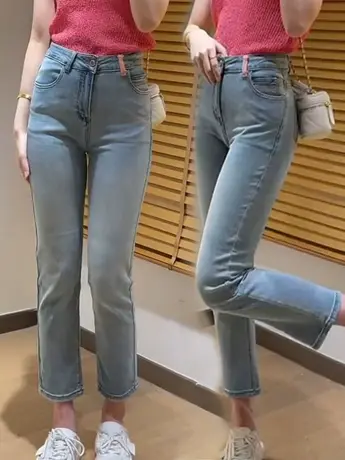 烟管裤九分牛仔裤女春夏2023年新款小个子裤子显高高腰直筒法棍裤商品大图