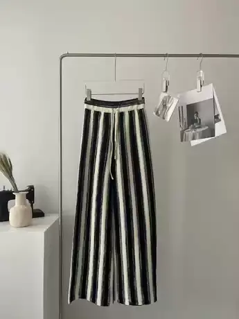 2023春秋季新款黑白条纹直筒拖地休闲裤女显瘦阔腿长裤针织裤子潮商品大图