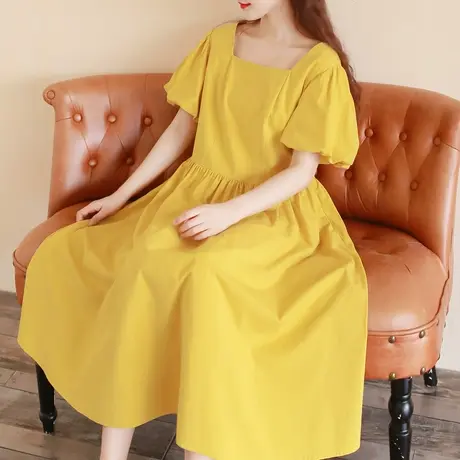 胖妹妹简约方领泡泡袖棉质连衣裙加大码2023新款蛋黄色长裙200斤商品大图