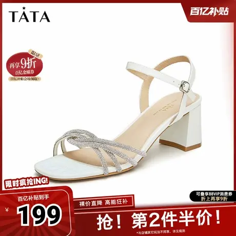 Tata他她法式粗跟凉鞋女气质时装凉鞋一字带单鞋2025夏新XBD04BL4图片