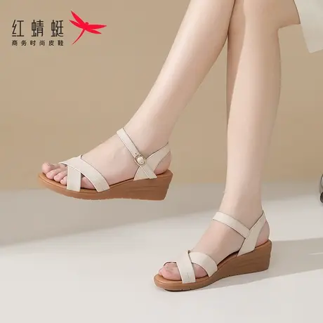红蜻蜓女士厚底平底坡跟凉鞋女款2025新款夏季夏天真皮软牛皮妈妈商品大图