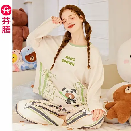 芬腾睡衣女纯棉长袖圆领套装春秋季可爱布朗熊休闲大码全棉家居服商品大图
